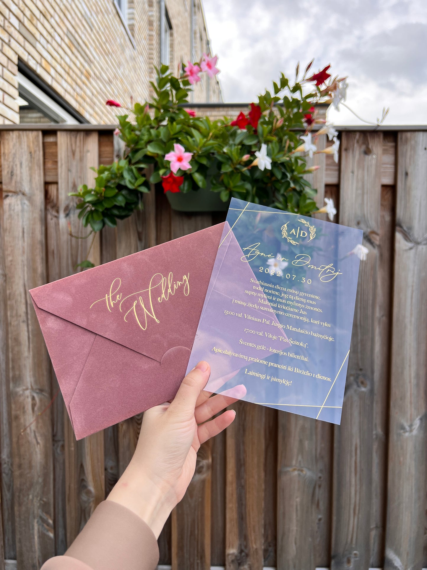 Dusty Rose Velvet Horizontal Wedding Invitation with Acrylic Insert Card and Gold Foil details