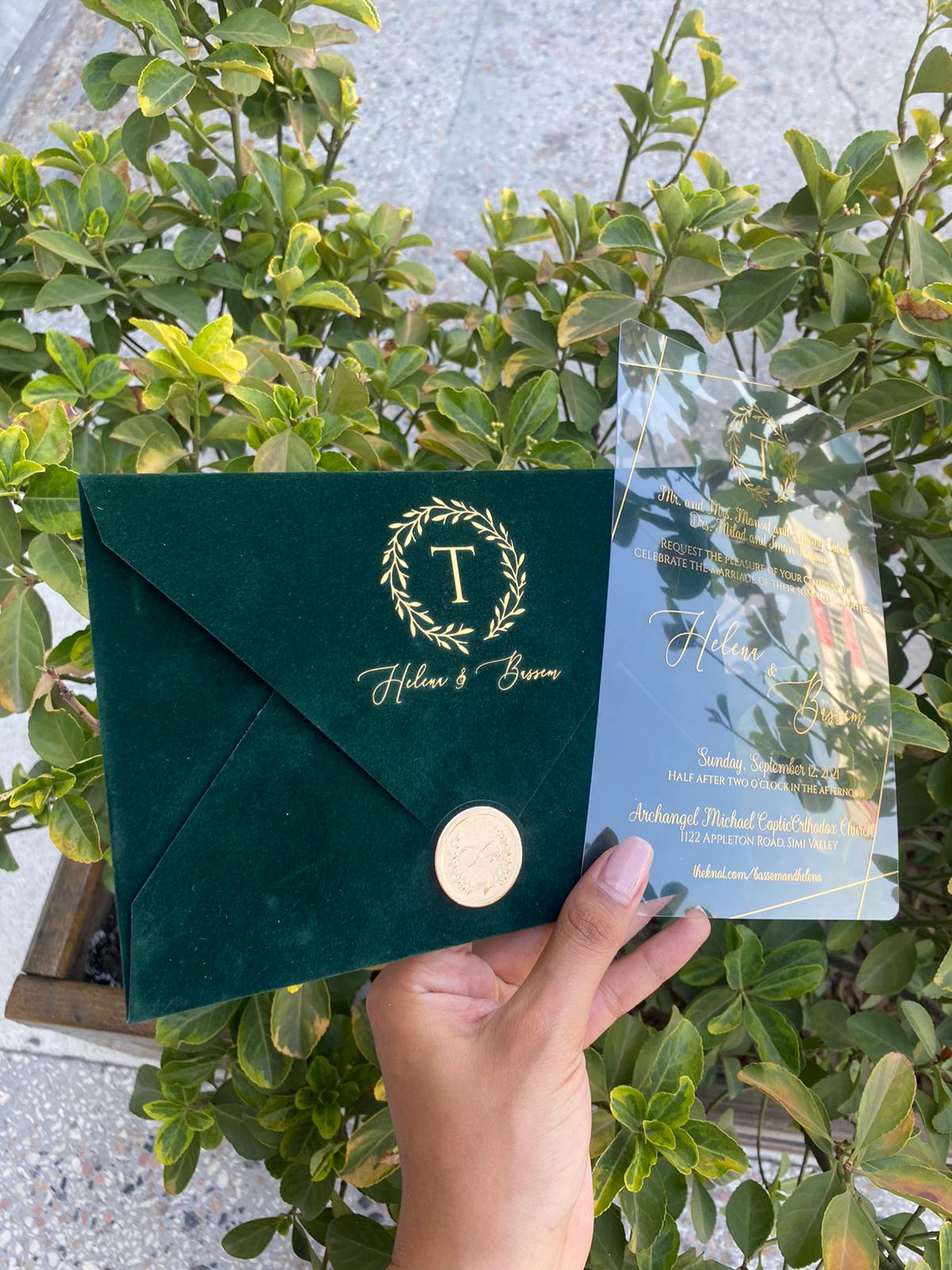 Unique Emerald Green Velvet Horizontal Wedding Invitation with Acrylic Insert Card and Gold Foil details