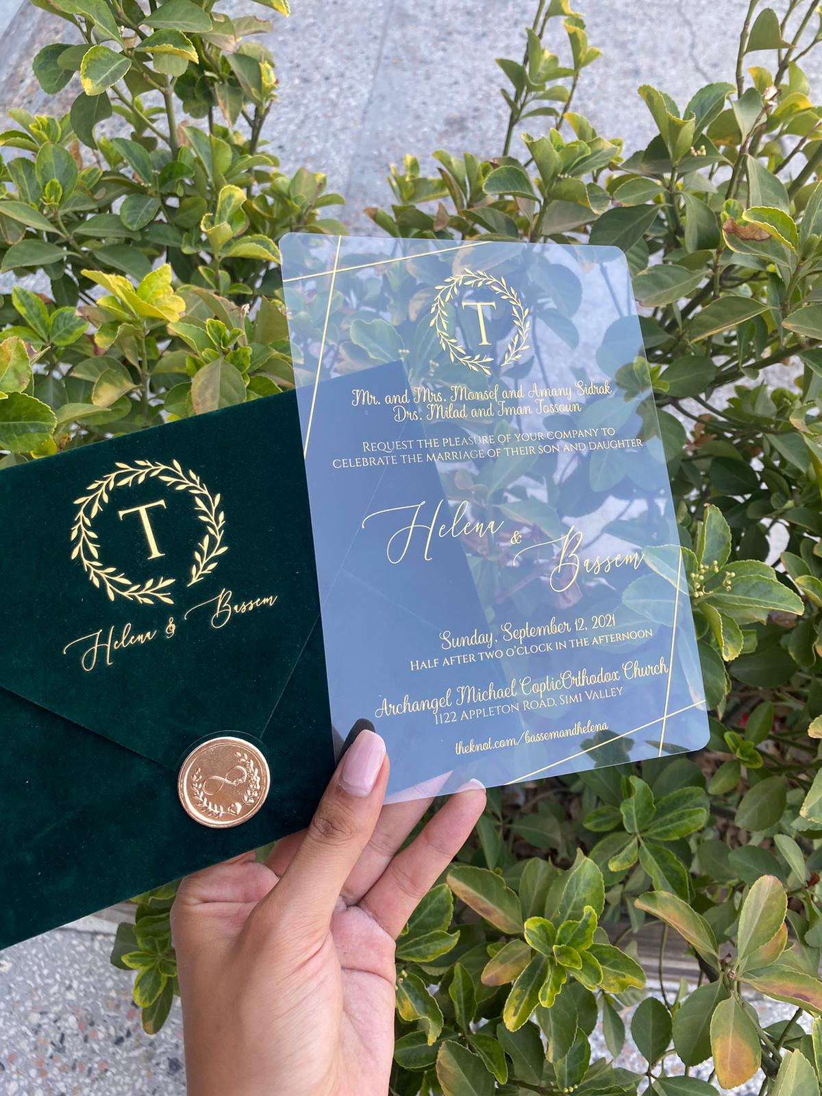Elegant Emerald Green Velvet Horizontal Wedding Invitation Front View in hands