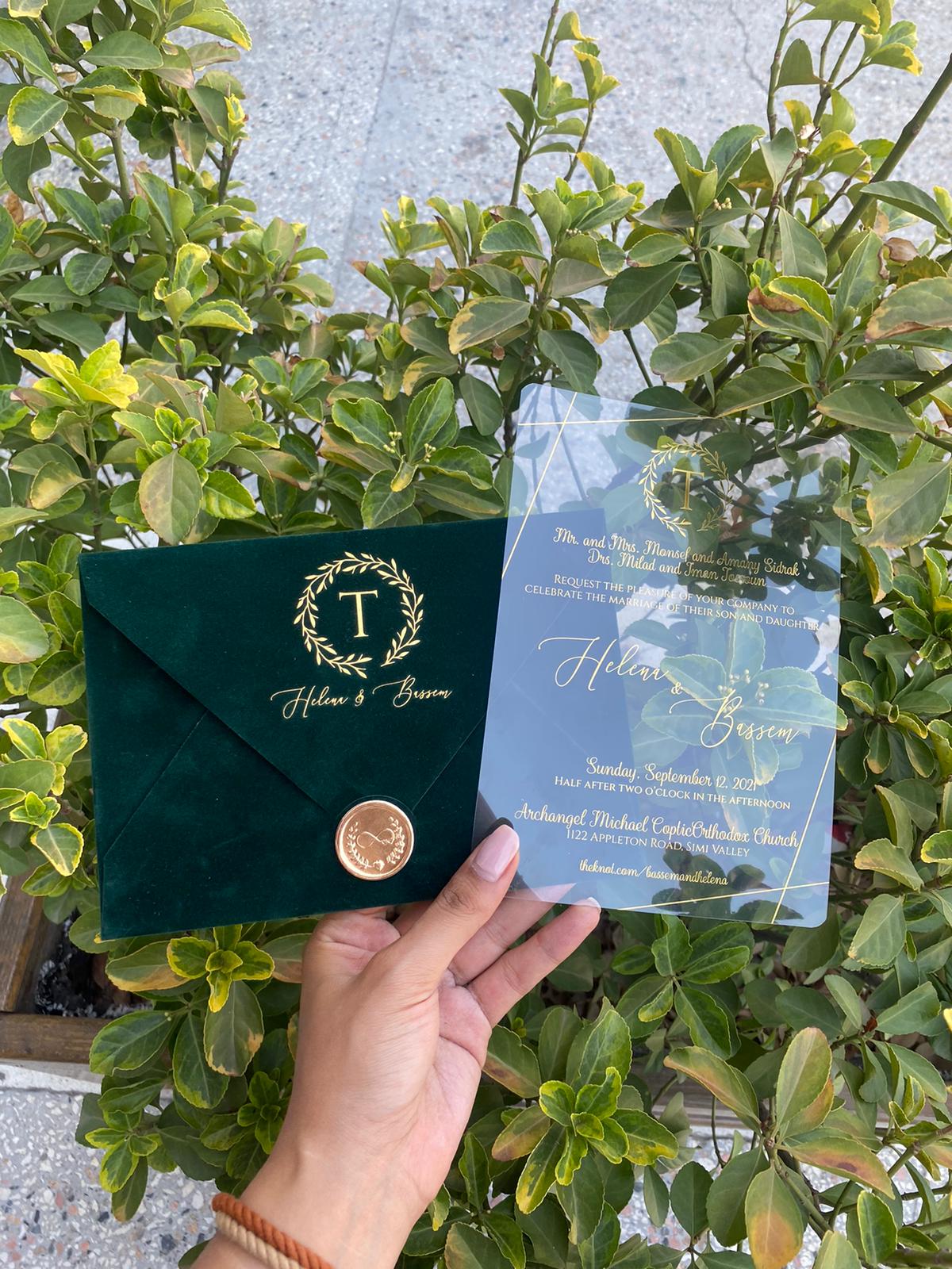 Unique Emerald Green Velvet Horizontal Wedding Invitation Front View in hands