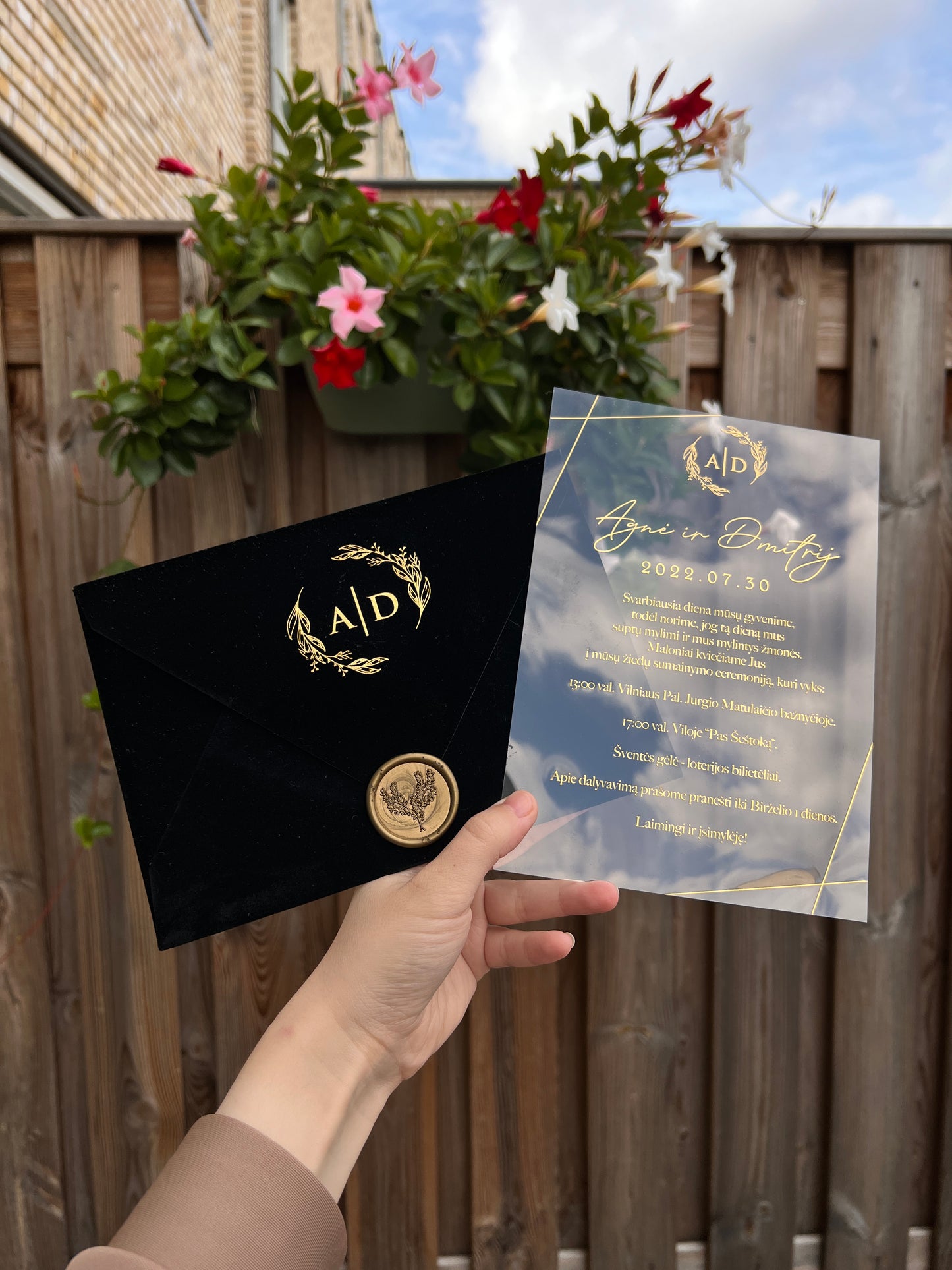 Elegant Black Velvet Horizontal Wedding Invitation Front View in hands