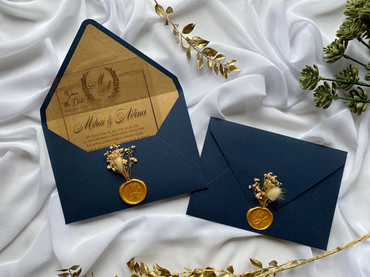 Navy Blue Paper Horizontal Wedding Invitation