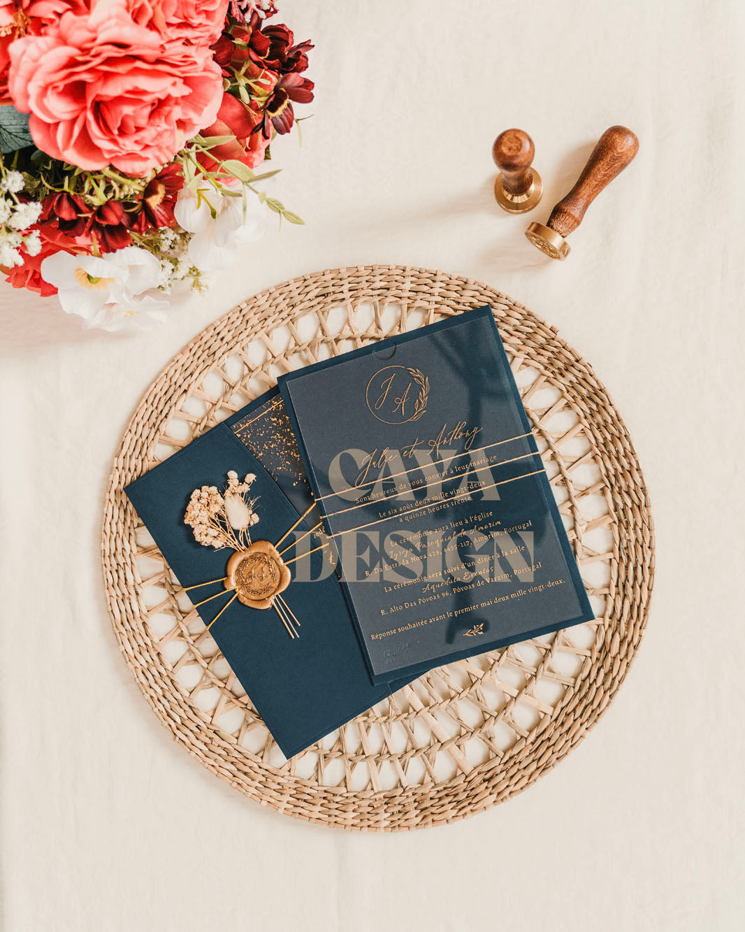 Navy Blue Paper Half-fold Wedding Invitation