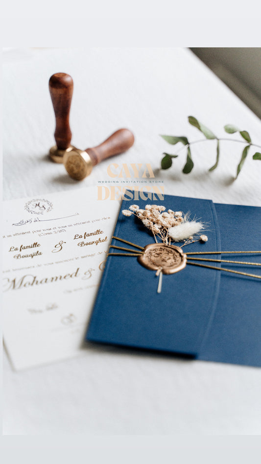 Navy Blue Paper Half-fold Wedding Invitation