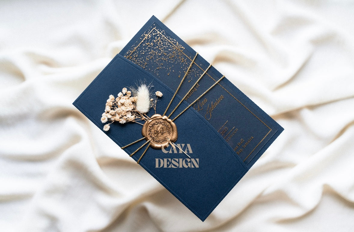 Navy Blue Paper Half-fold Wedding Invitation