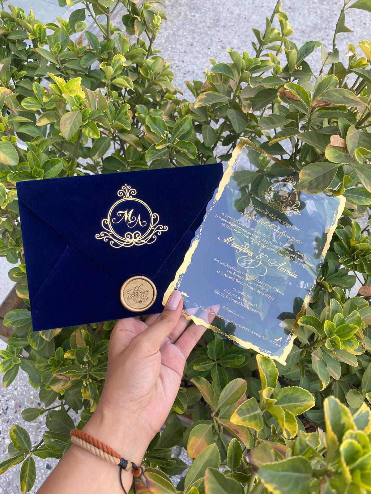 Elegant Navy Blue Velvet Horizontal Wedding Invitation with Acrylic Insert Card and Gold Foil details in hands