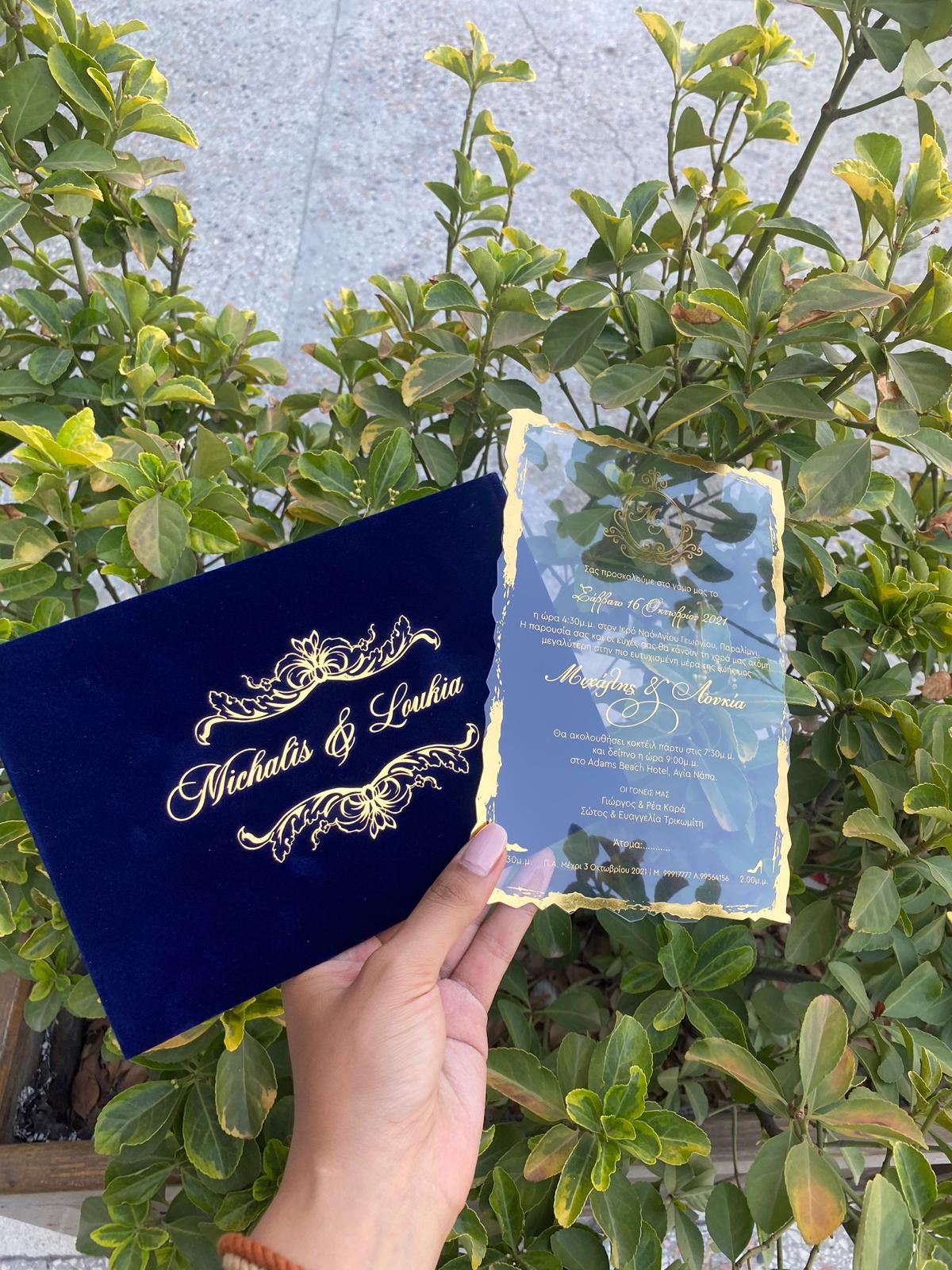 Elegant Navy Blue Velvet Horizontal Wedding Invitation with Acrylic Insert Card and Gold Foil details