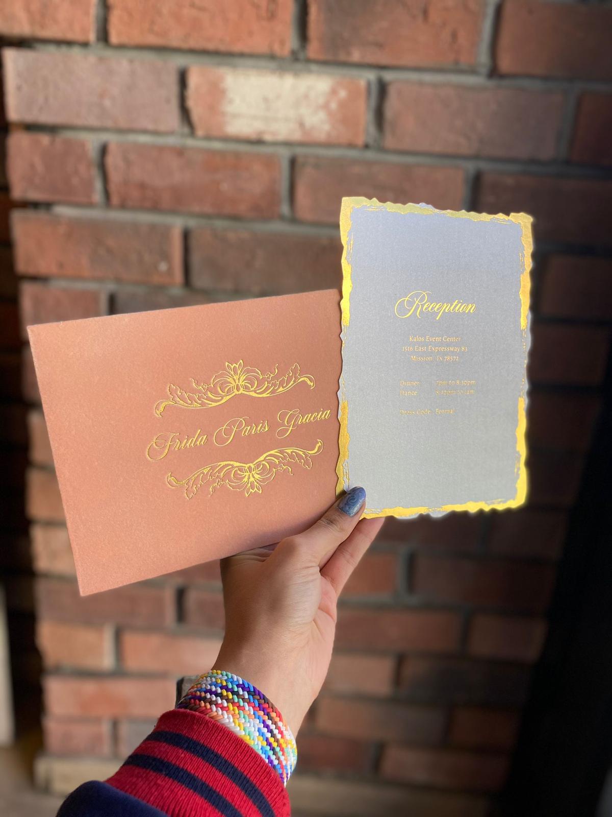 Nude Champagne Velvet Horizontal Wedding Invitation with Paper Insert Card and Gold Foil Back View