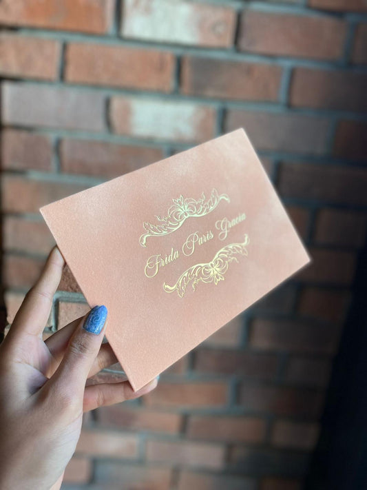 Nude Champagne Velvet Horizontal  Wedding Invitation Back View