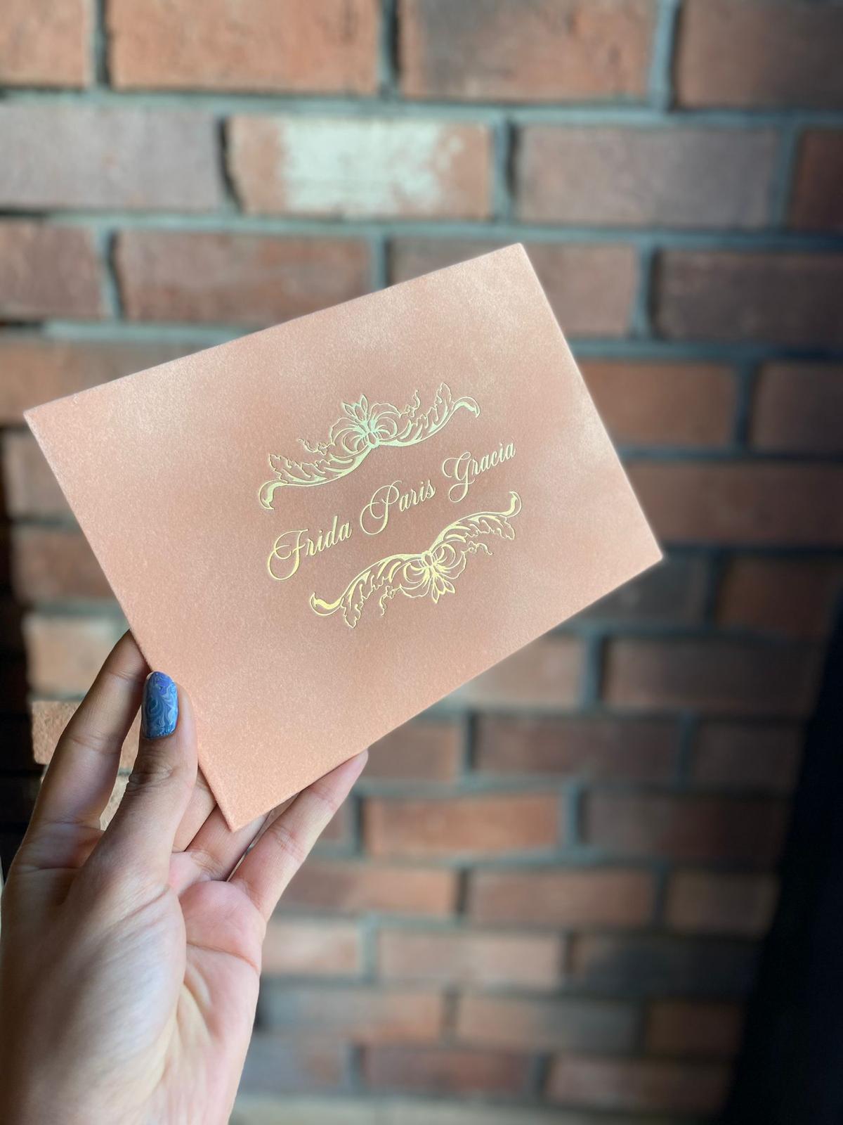 Nude Champagne Velvet Horizontal Wedding Invitation with Gold Foil Details Back View