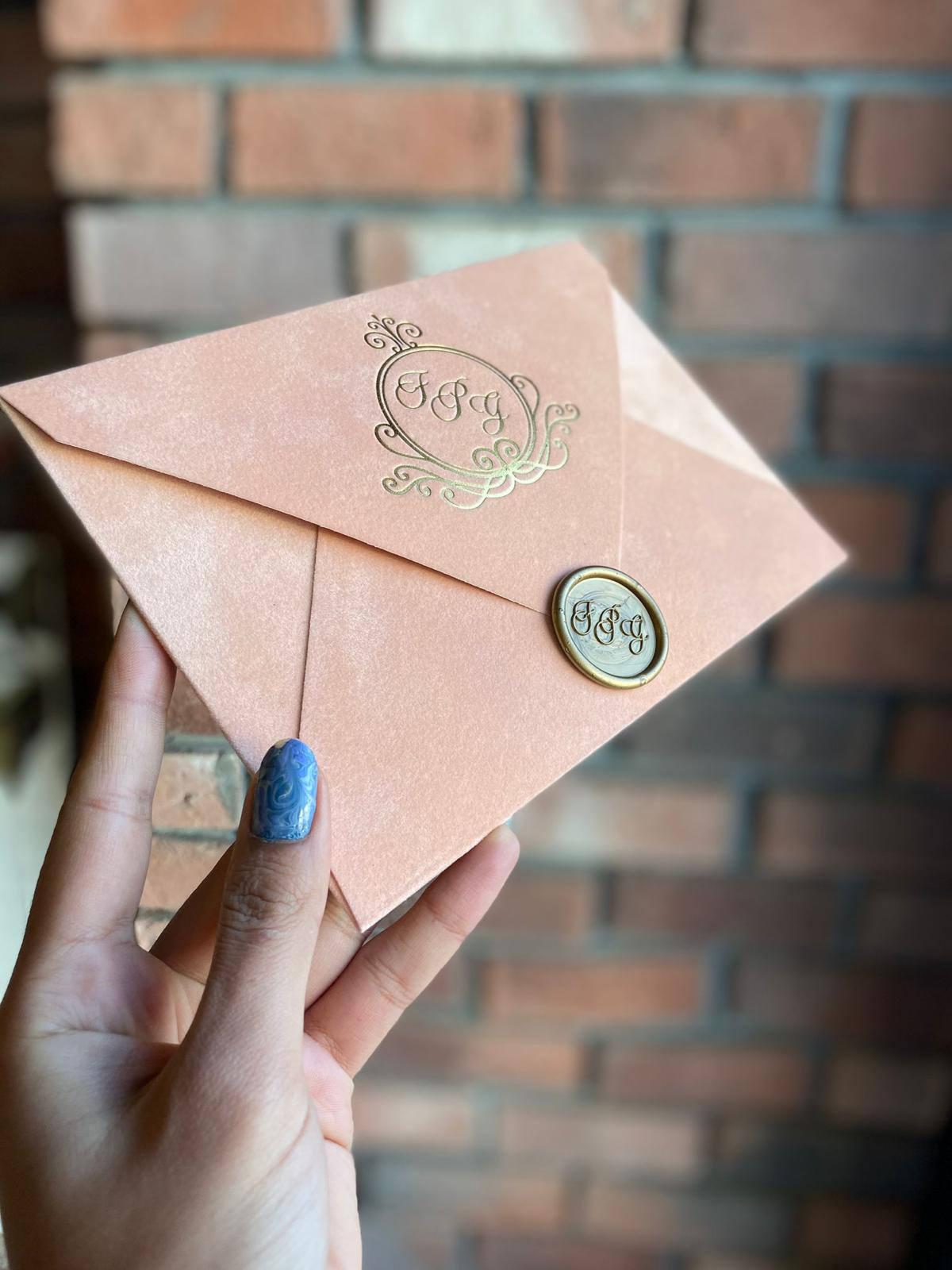 Elegant Nude Champagne Velvet Horizontal Wedding Invitation with Gold Foil details Front View