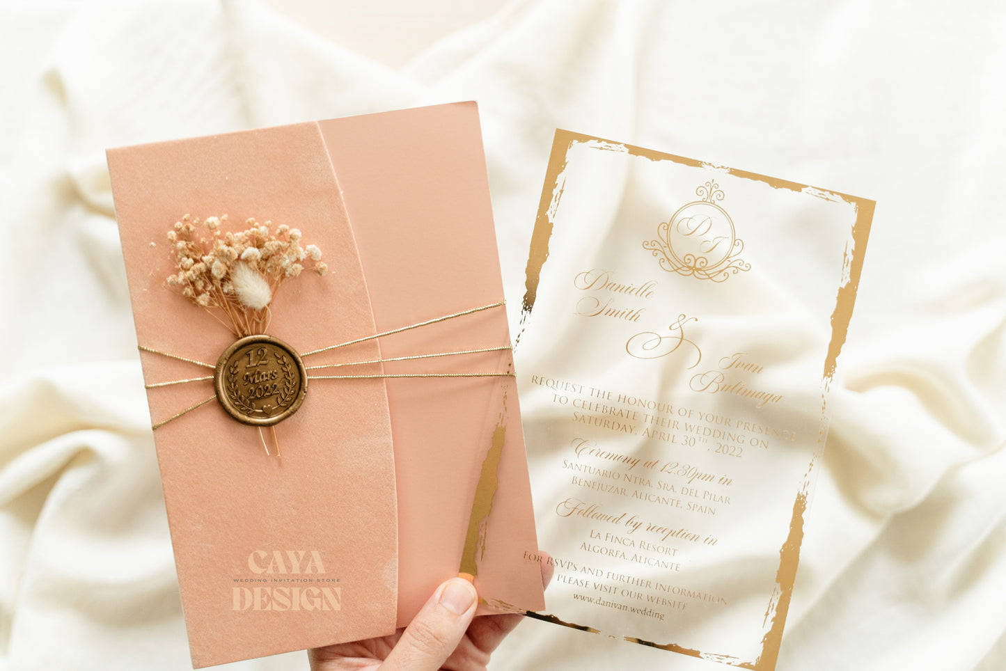 Elegant Nude Champagne Velvet Half Fold Wedding Invitation with Acrylic Insert Card, Gold Foil details, wax seal and flowers