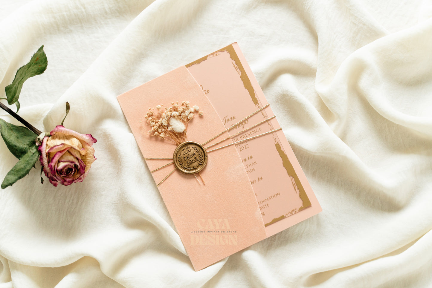 Elegant Nude Champagne Velvet Half Fold Wedding Invitation Front