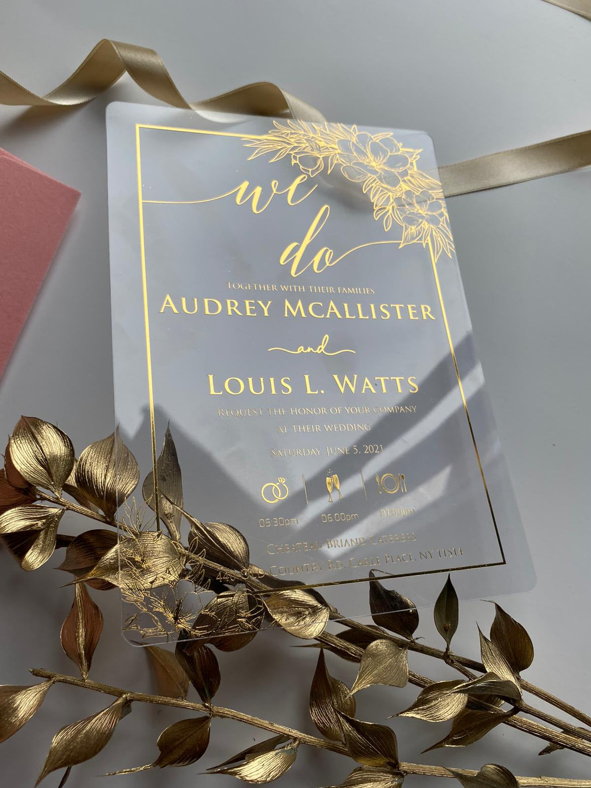 Pink Velvet Horizontal Wedding Invitation with Acrylic Insert Card and Gold Foil details