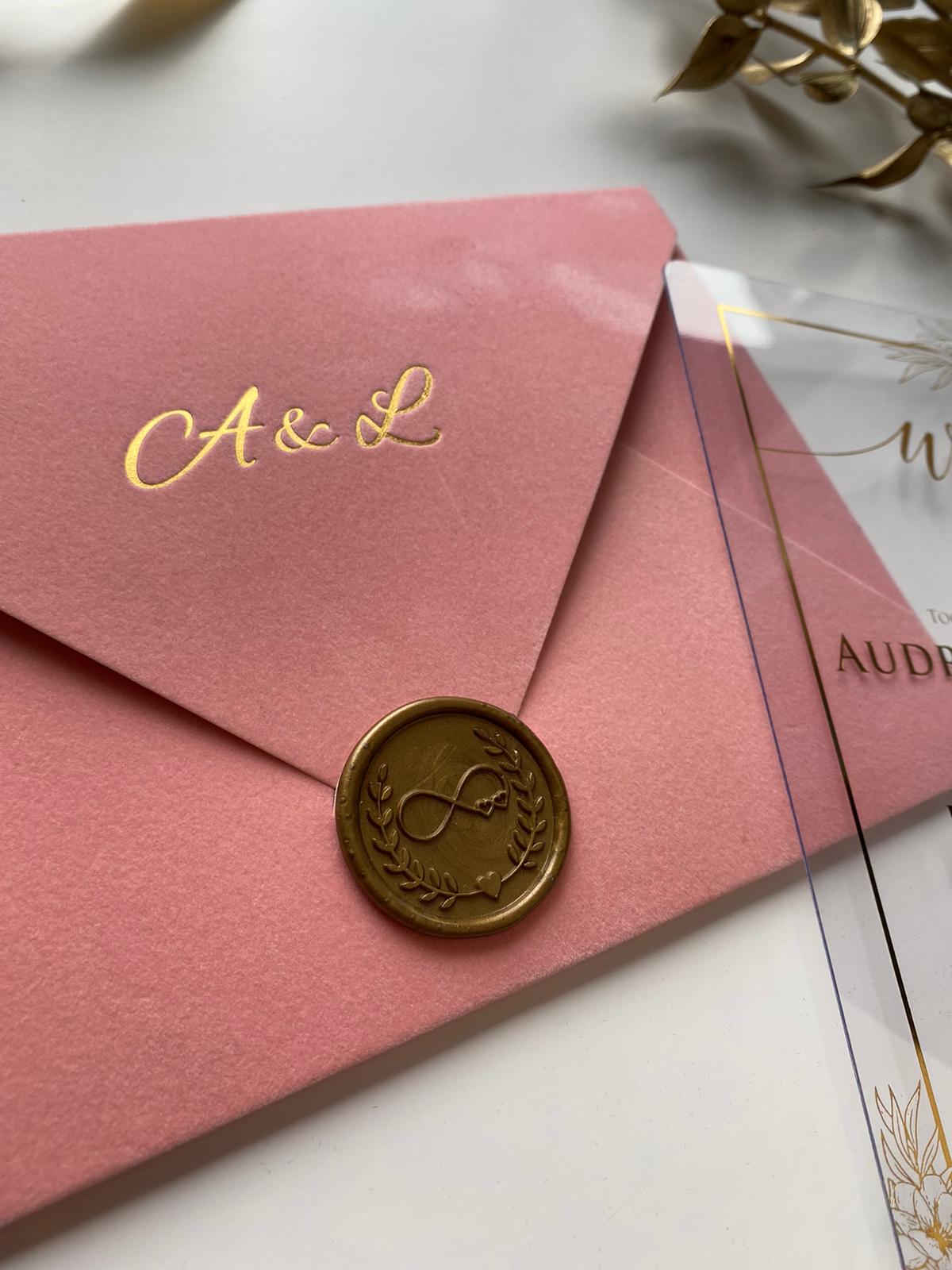 Pink Velvet Horizontal Wedding Invitation with Gold Foil details
