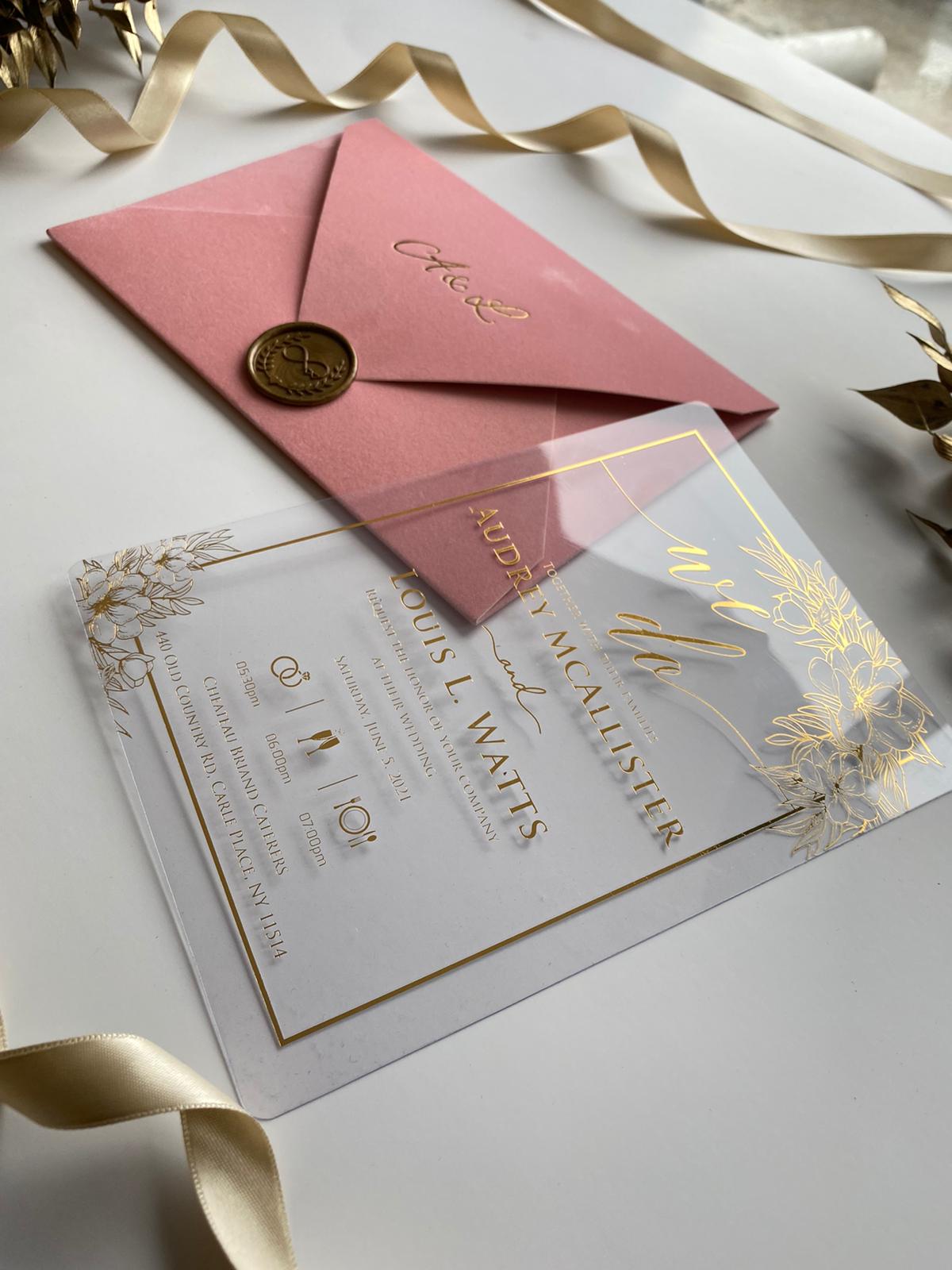 Pink Velvet Horizontal Wedding Invitation with Acrylic Insert Card and Gold Foil details front view