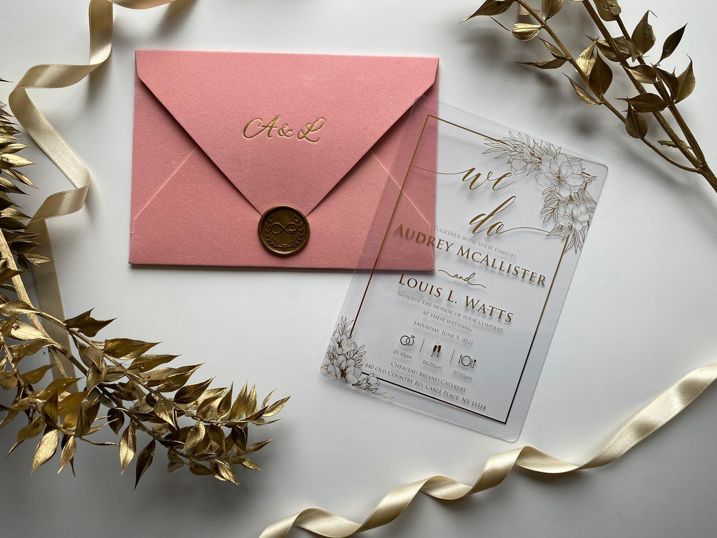 Pink Velvet Horizontal Wedding Invitation with Acrylic Insert Card and Gold Foil