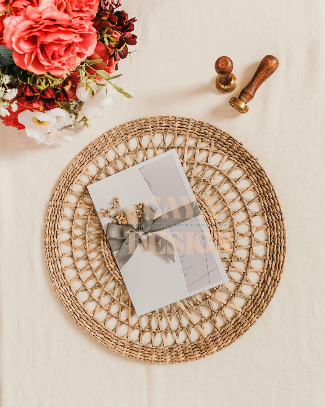 White Paper Half Fold Wedding Invitation with Acrylic Insert Card and Silver Foil with a Ribbon and dried flowers front