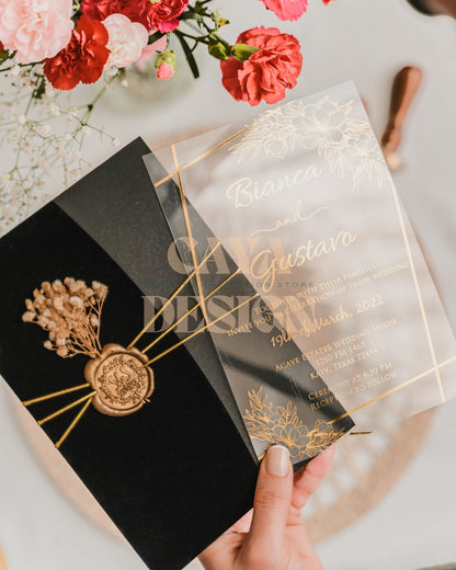 Black Velvet Half Fold Wedding Invitation with Acrylic Insert Card and Gold Foil