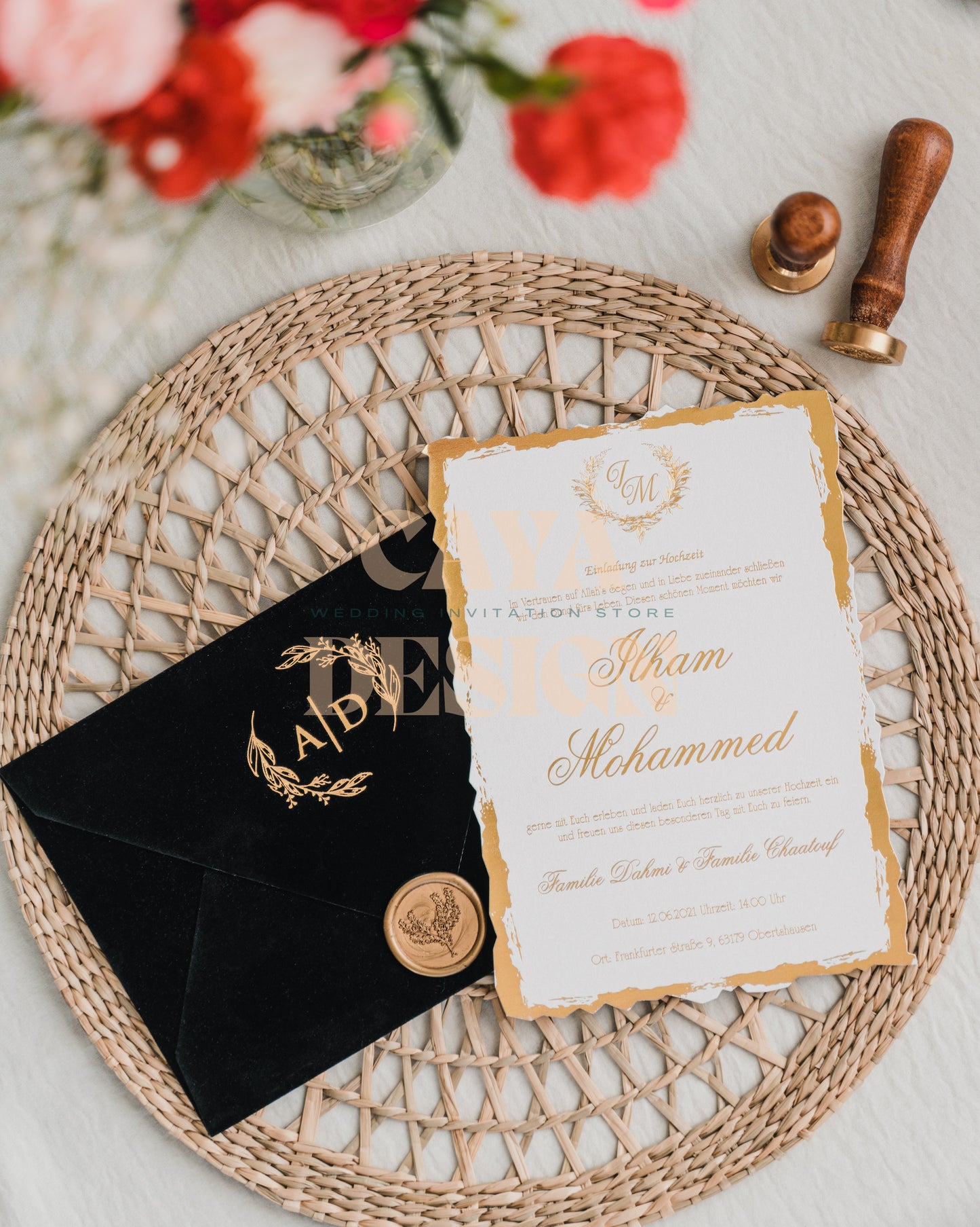 Black Velvet Horizontal  Wedding Invitation with Paper Insert Card and Gold Foil at a wedding