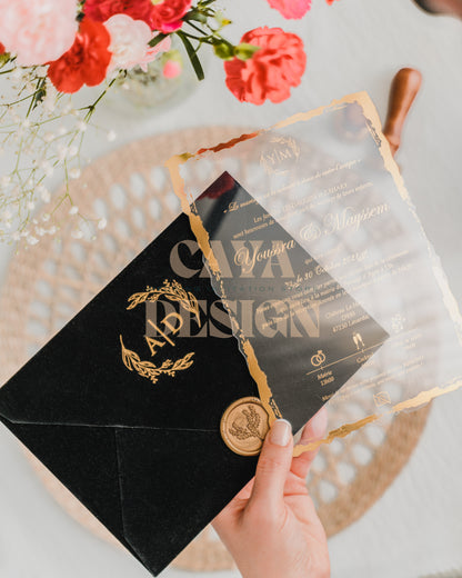 Black Velvet Horizontal  Wedding Invitation with Acrylic Insert Card and Gold Foil