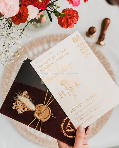 Burgundy Velvet Half Fold Wedding Invitation with Paper Insert Card and Gold Foil Front View