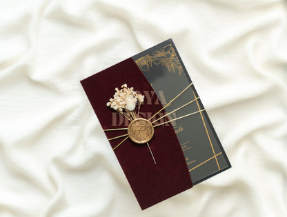 Elegant Burgundy Velvet Half Fold Wedding Invitation Front 