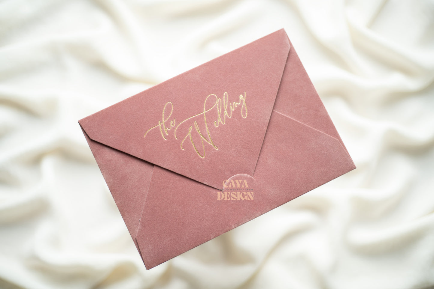 Dusty Rose Velvet Horizontal  Wedding Invitation Front View with wax seal and gold foil 