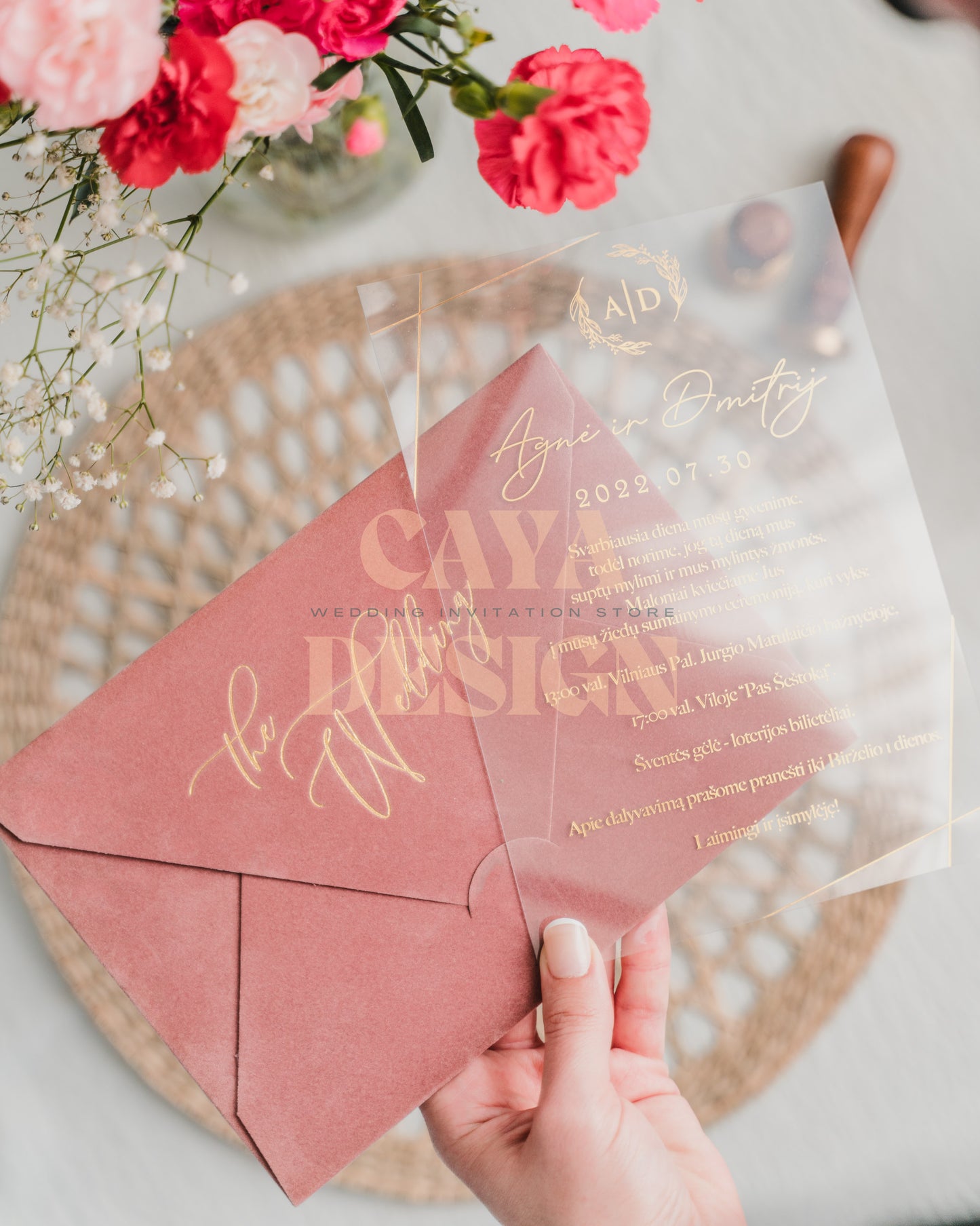 Dusty Rose Velvet Horizontal  Wedding Invitation with Acrylic Insert Card and Gold Foil