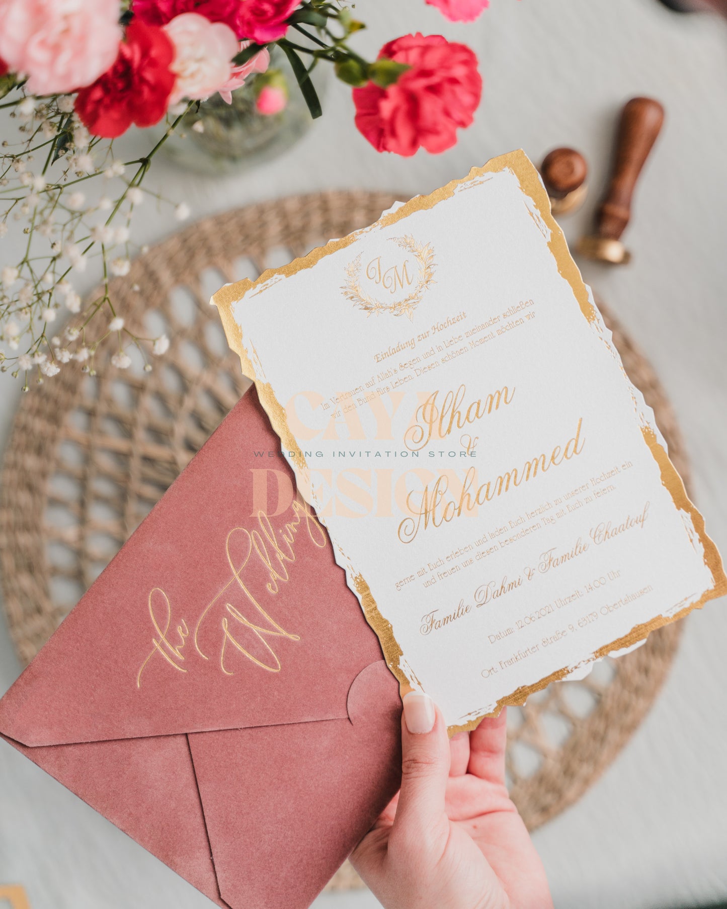 Dusty Rose Velvet Horizontal  Wedding Invitation with Paper Insert Card and Gold Foil Front View