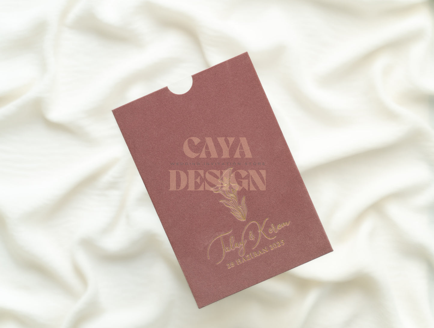 Dusty Rose Velvet Vertical Wedding Invitation