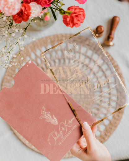 Dusty Rose Velvet Vertical Wedding Invitation