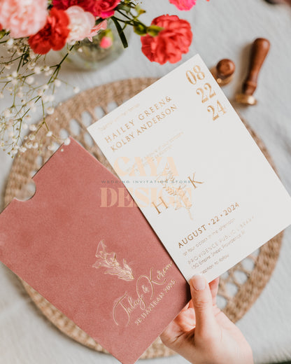 Dusty Rose Velvet Vertical Wedding Invitation