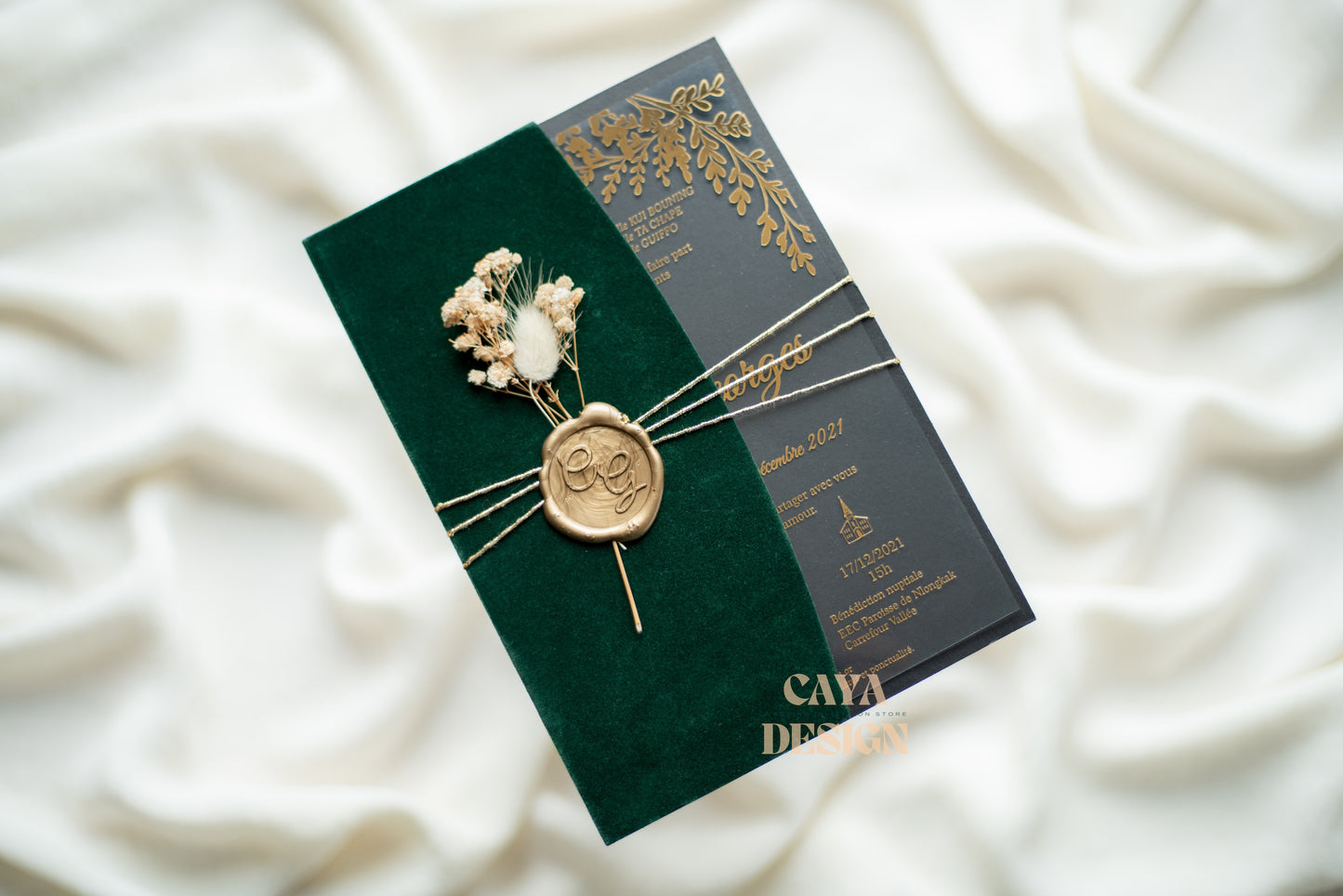 Emerald Green Velvet Half Fold Wedding Invitation Front