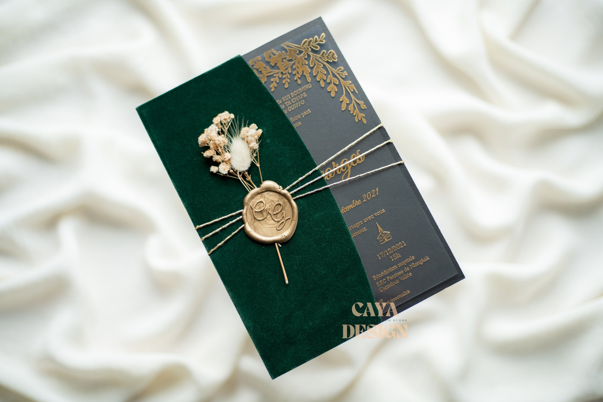 Emerald Green Velvet Half Fold Wedding Invitation Front