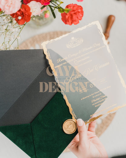 Emerald Green Velvet Horizontal  Wedding Invitation with Acrylic Insert Card, Gold Foil details, wax seal and flowers