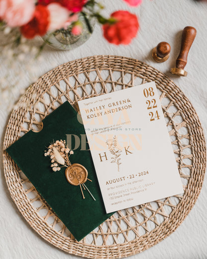 Emerald Velvet Vertical Wedding Invitation