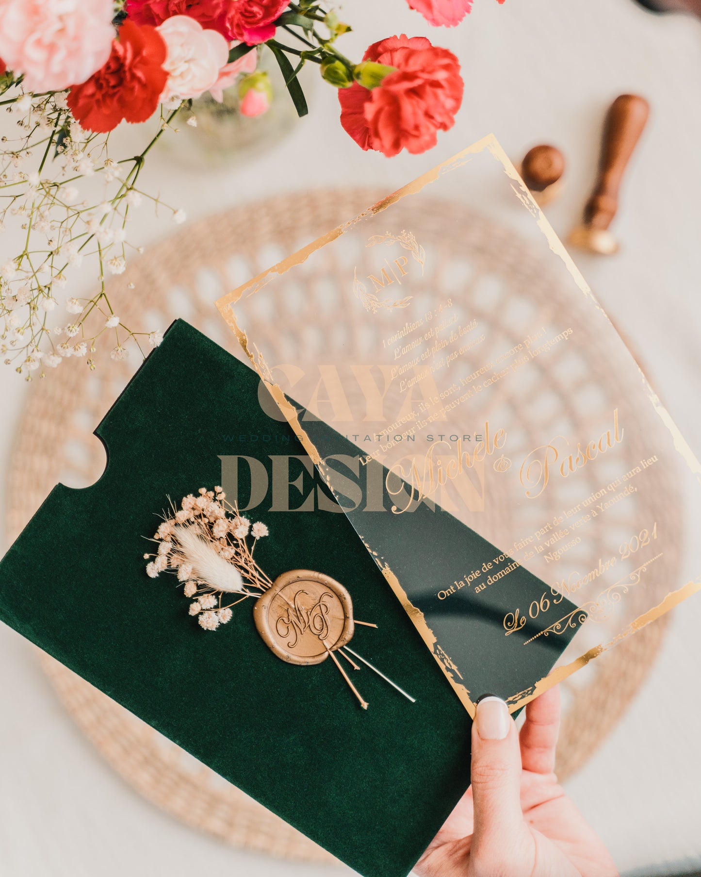 Emerald Velvet Vertical Wedding Invitation