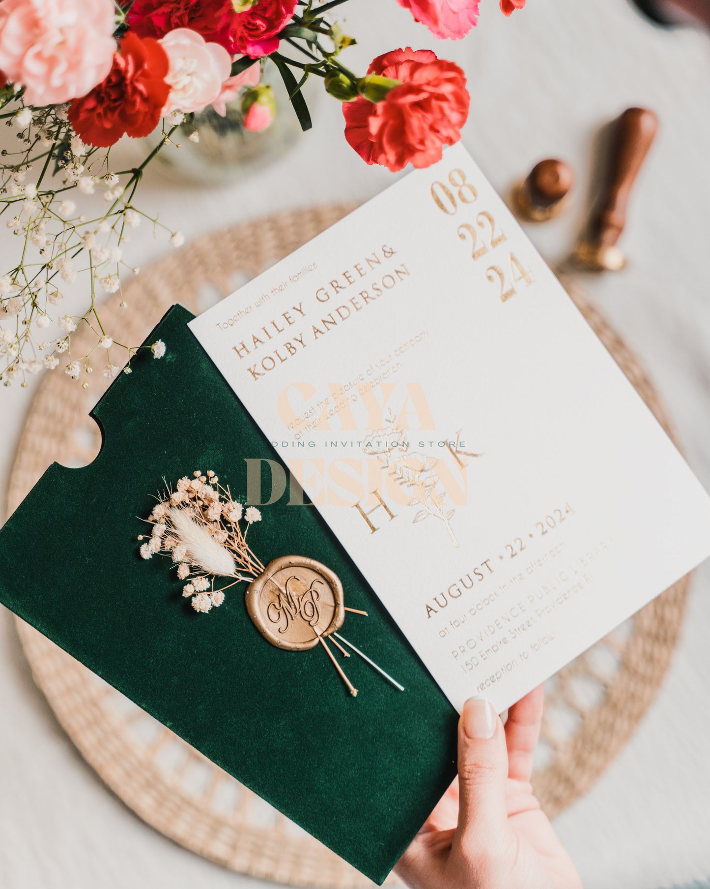 Emerald Velvet Vertical Wedding Invitation