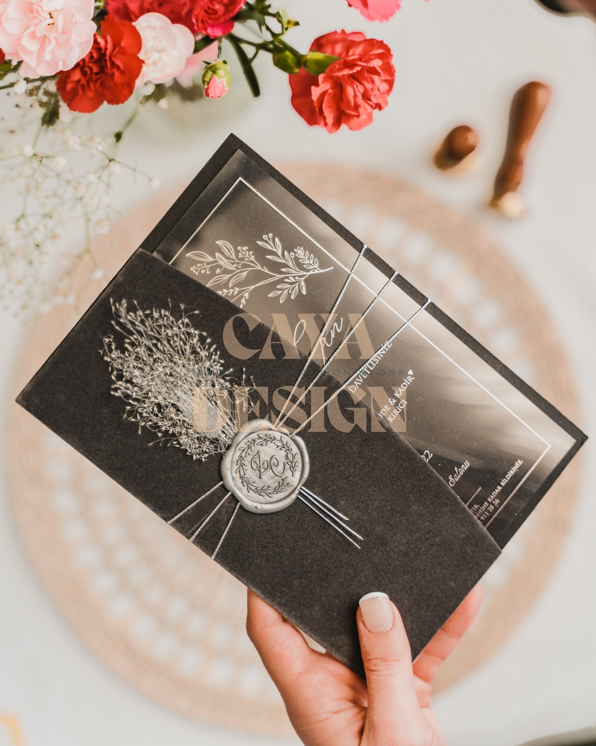 Gray Velvet Half Fold Wedding Invitation Front View 