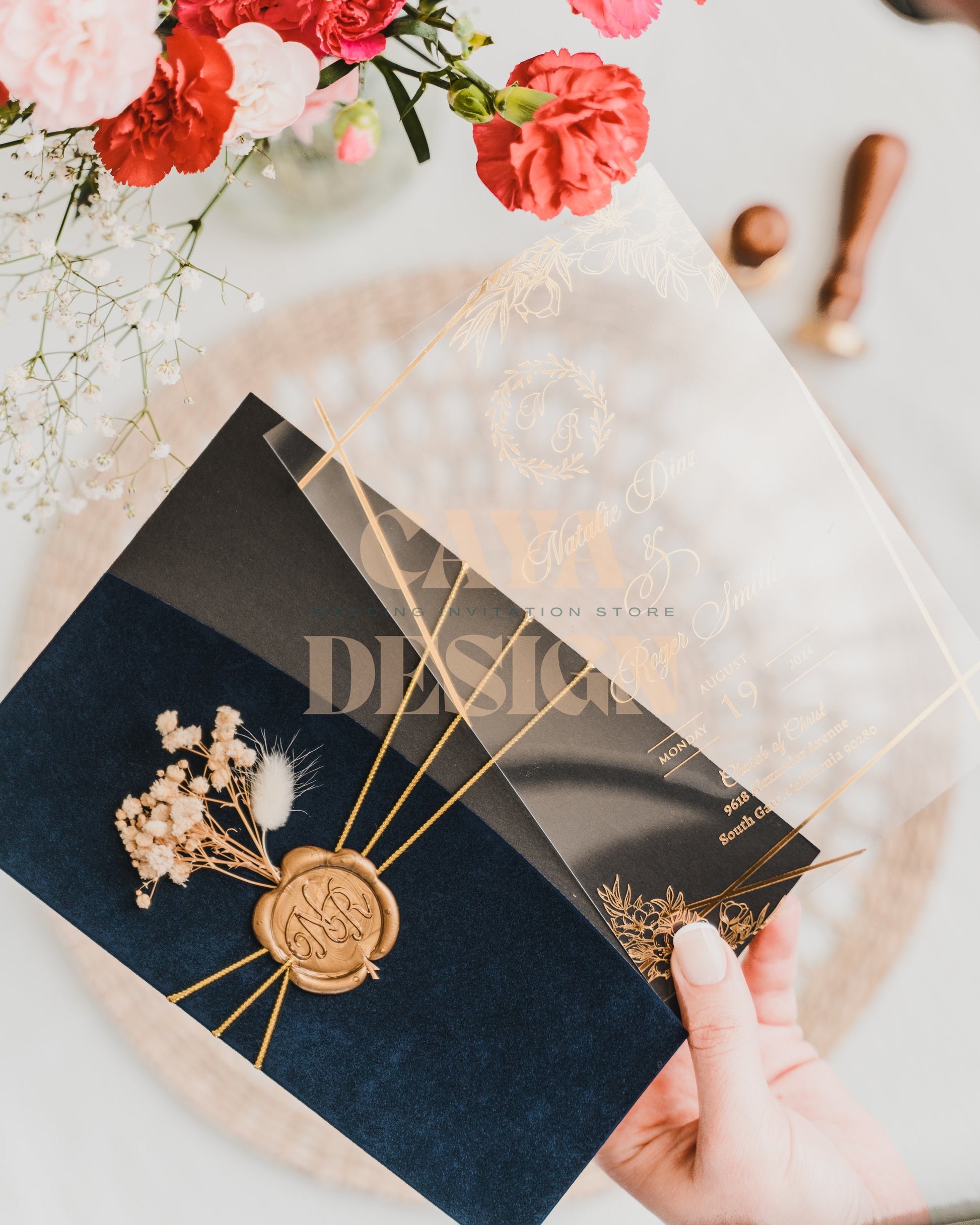 Navy Blue Velvet Half Fold Wedding Invitation with Acrylic Insert Card and Gold Foil