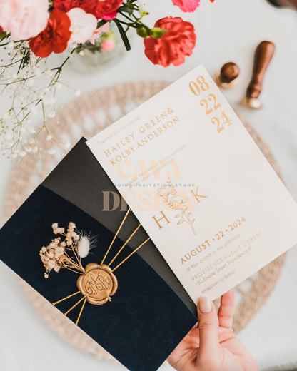 Navy Blue Velvet Half Fold Wedding Invitation with Paper Insert Card and Gold Foil Front View