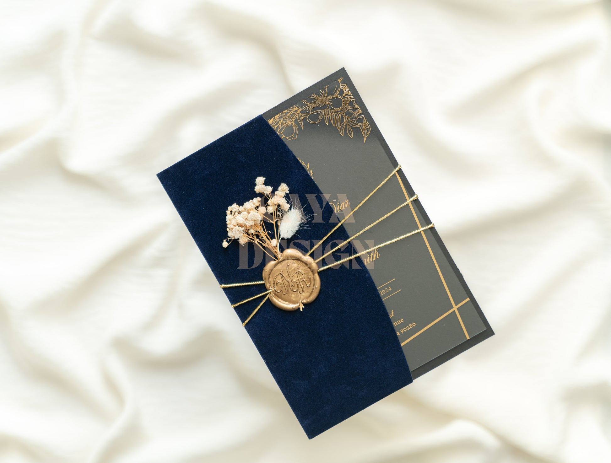 Elegant Navy Blue Velvet Half Fold Wedding Invitation Front View details