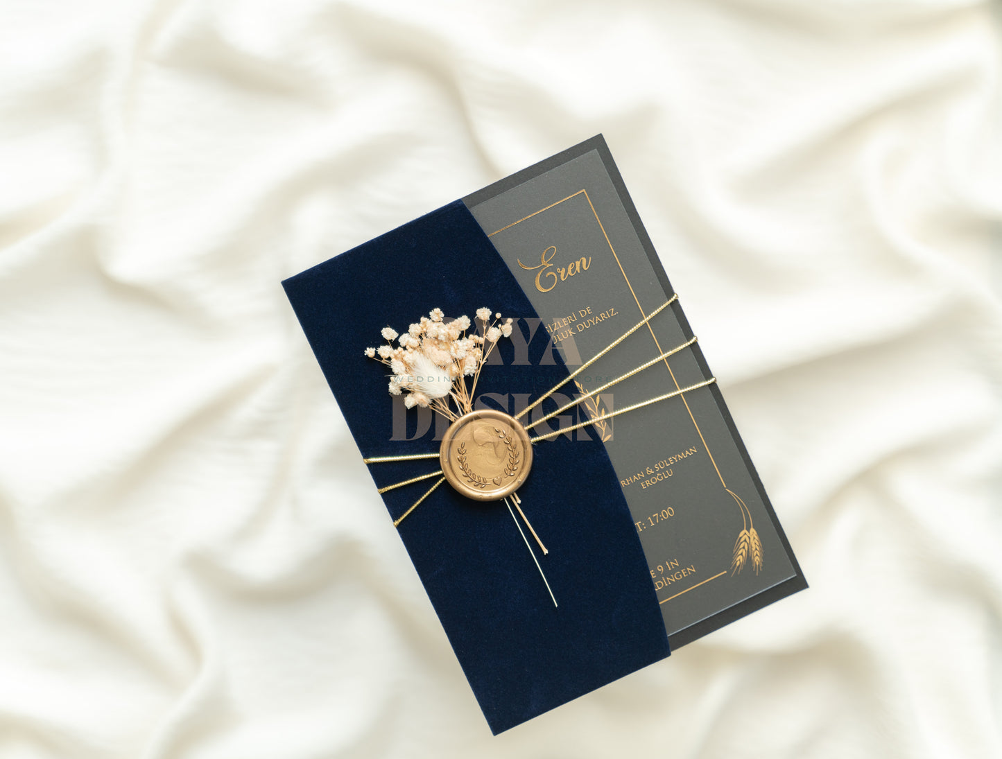 Elegant Navy Blue Velvet Half Fold Wedding Invitation Front 