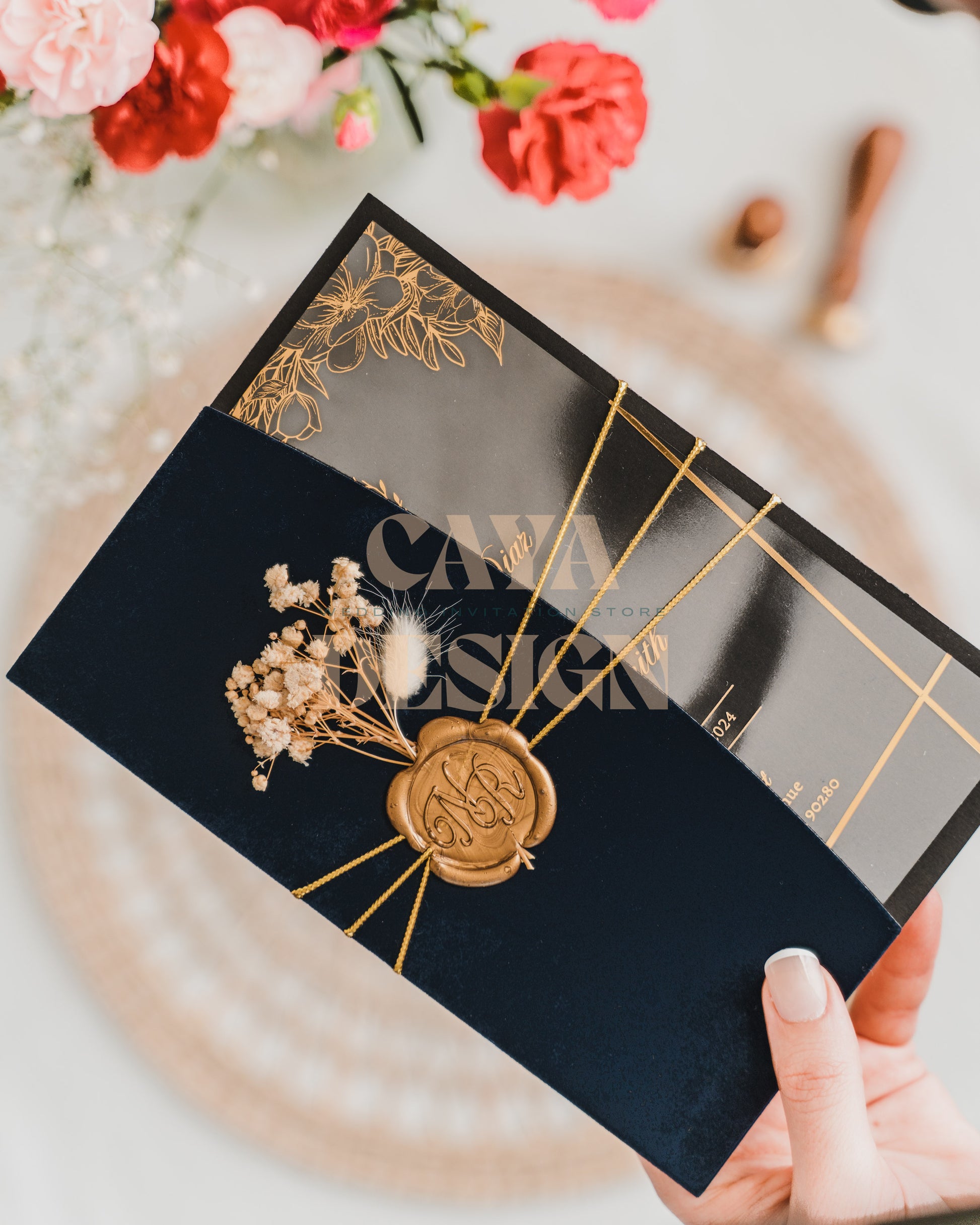 Navy Blue Velvet Half Fold Wedding Invitation Front View 