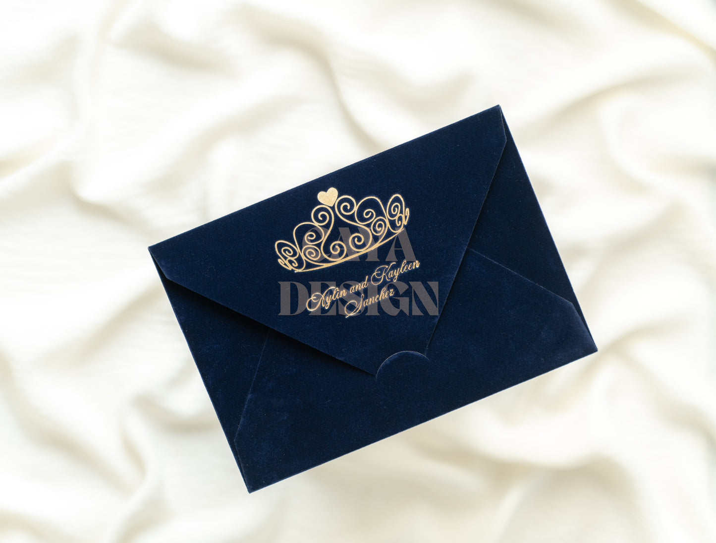 Navy Blue Velvet Horizontal Wedding Invitation Back View with Gold Foil Details