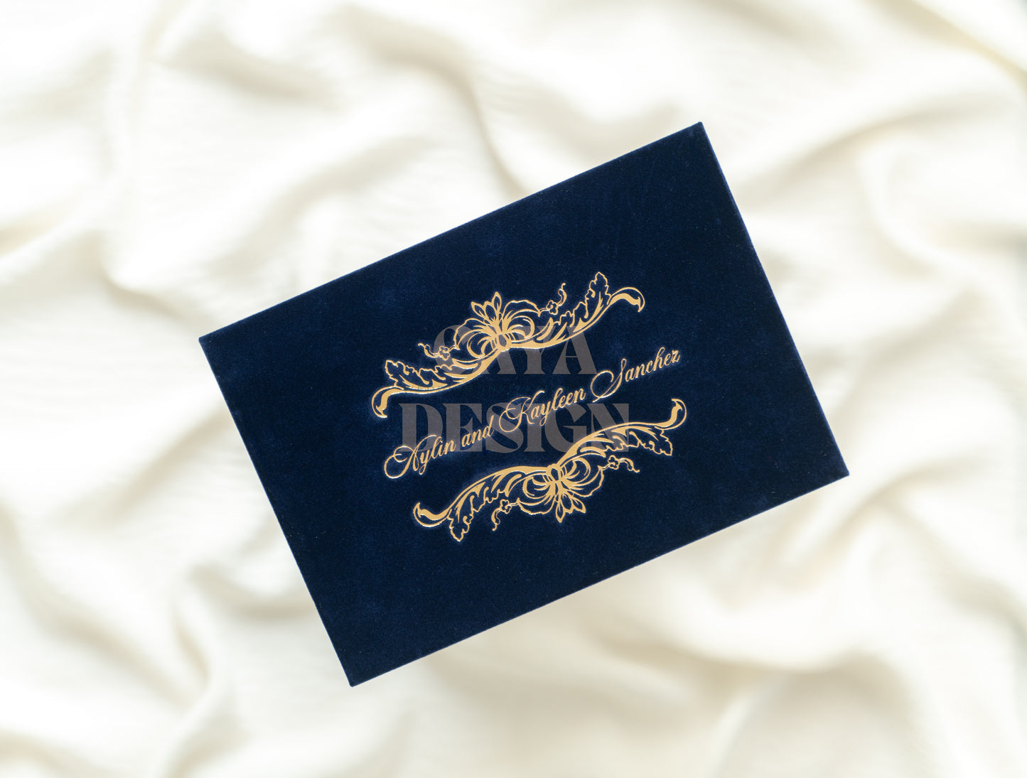 Unique Navy Blue Velvet Horizontal Wedding Invitation Front View 