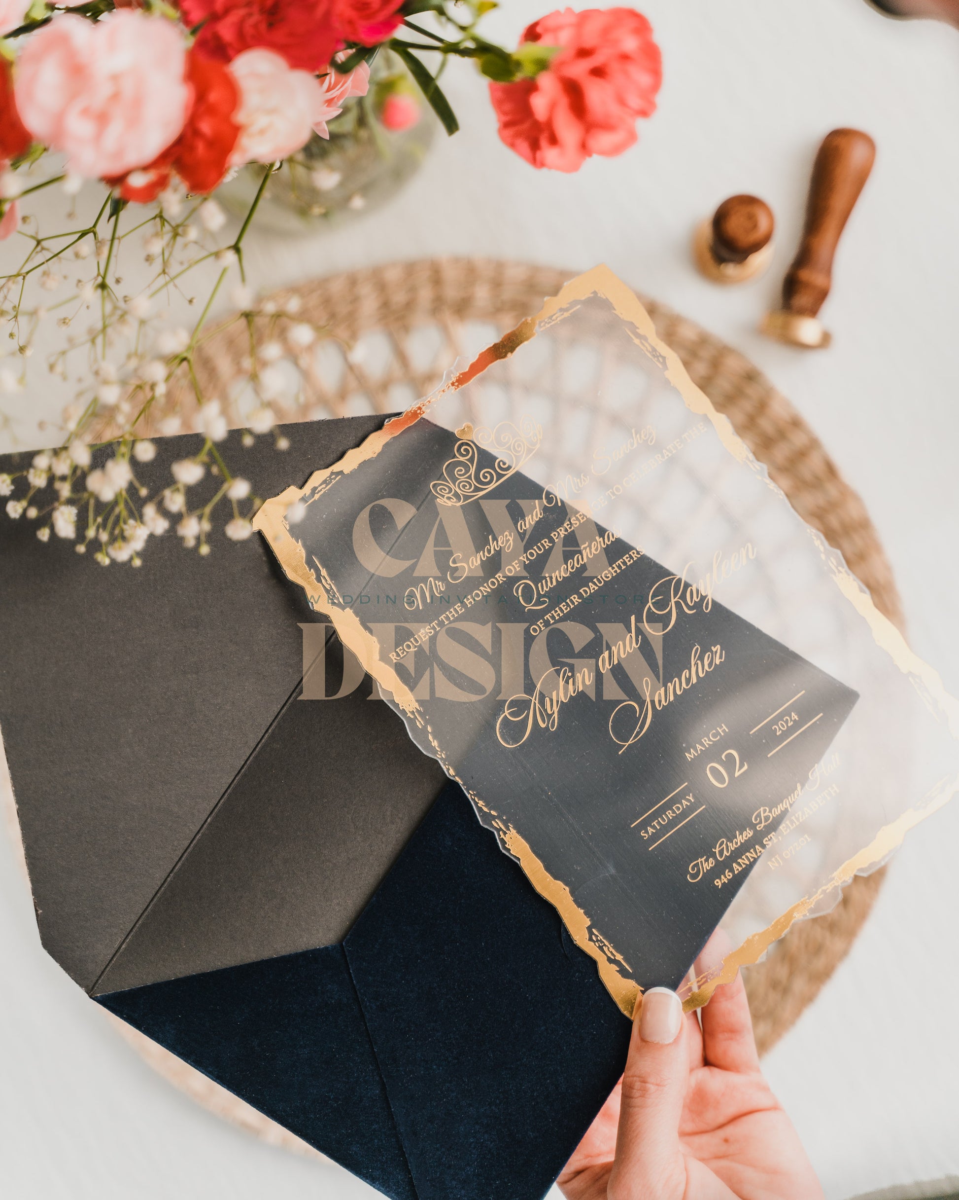 Open Navy Blue Velvet Horizontal  Wedding Invitation with Acrylic Insert Card and Gold Foil