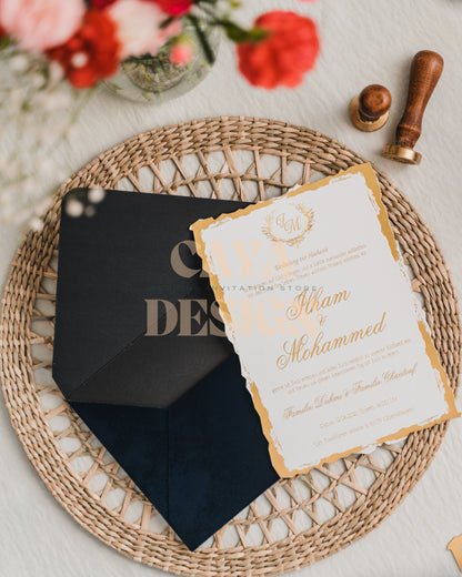 Navy Blue Velvet Horizontal  Wedding Invitation with Paper Insert Card and Gold Foil at a wedding