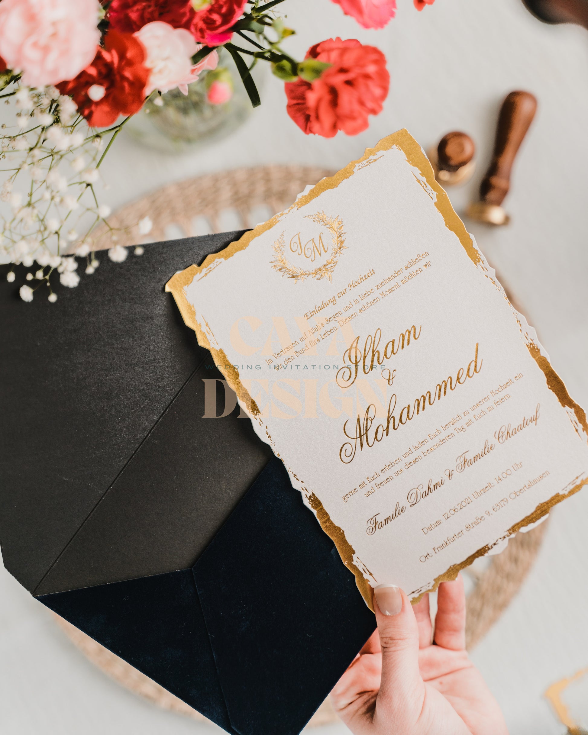 Open Navy Blue Velvet Horizontal  Wedding Invitation with Paper Insert Card and Gold Foil Front View